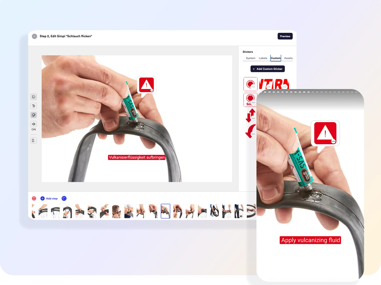 Simpi Maker editing a bicycle inner-tube repair step alongside its mobile customer preview