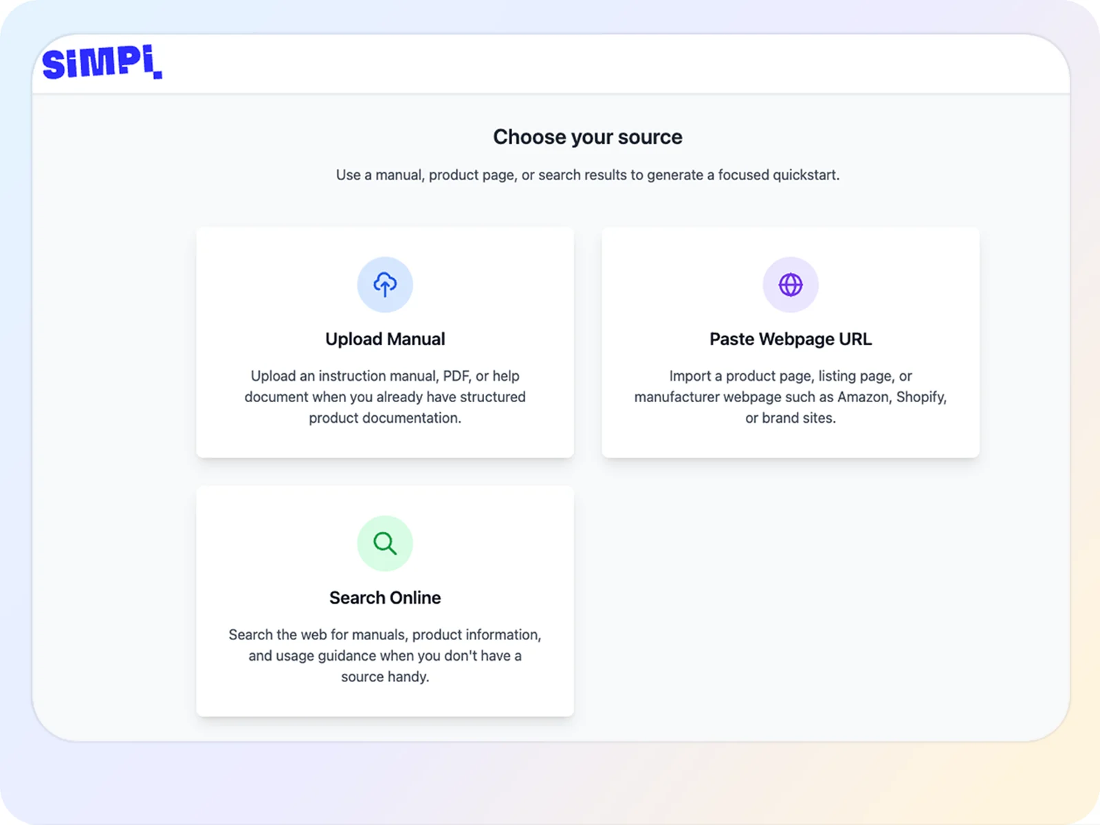 Simpi source selection screen with options to upload a manual, paste a webpage URL, or search online