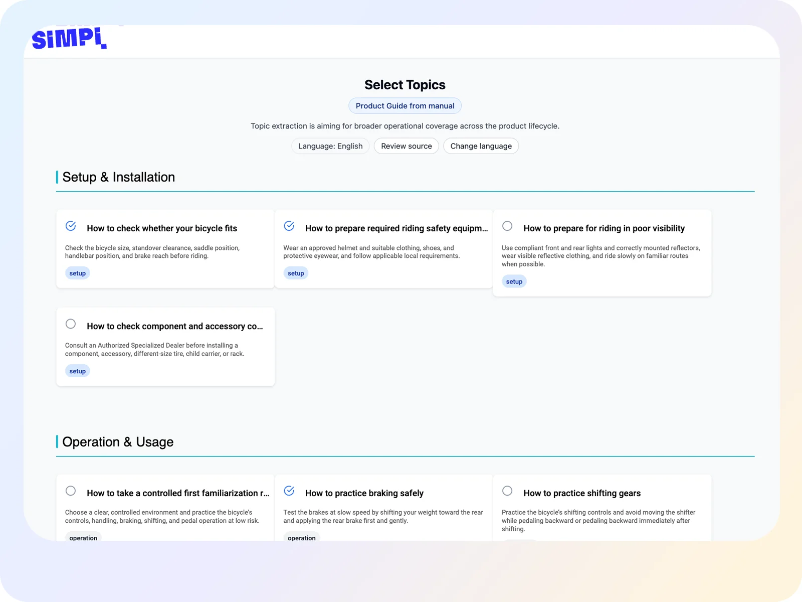 Simpi topic-selection screen showing generated setup, safety, and usage topics for a bicycle guide