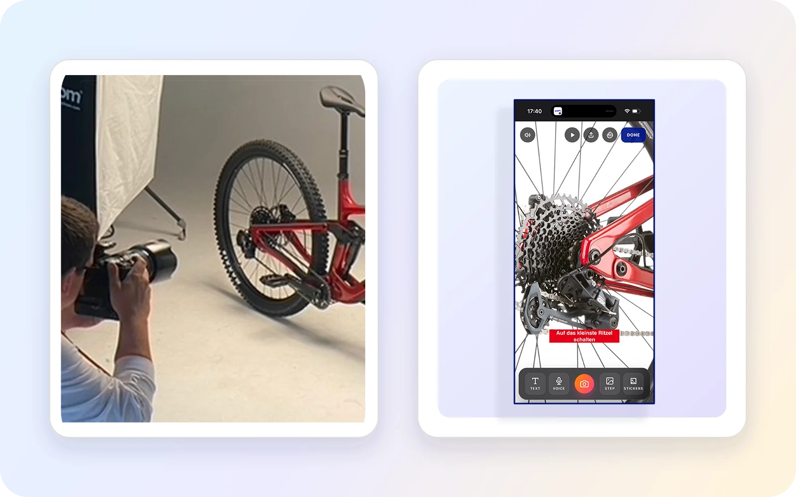 Professional bicycle photography beside the Simpi mobile capture and editing interface
