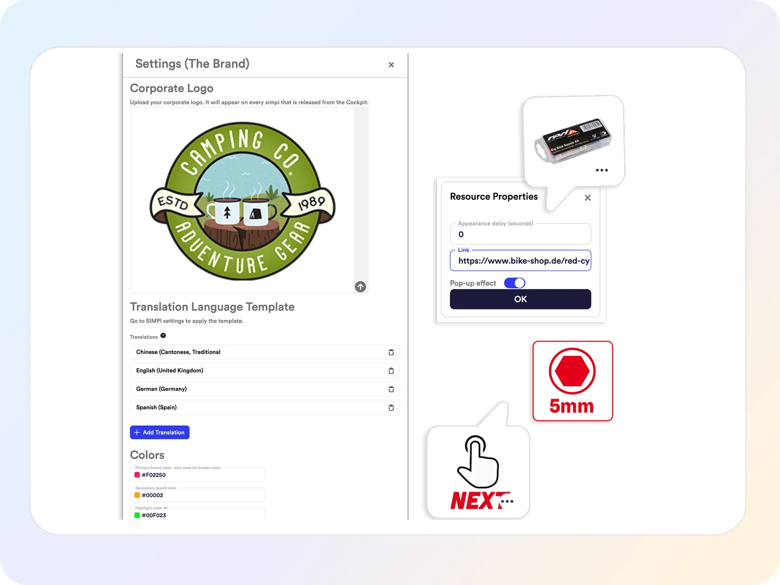 Simpi brand settings and resource properties for a branded bicycle repair walkthrough