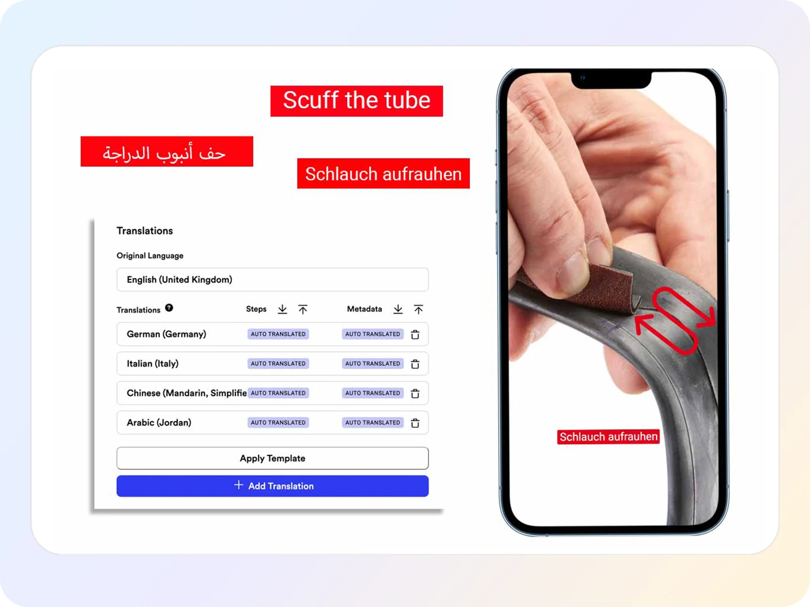 Simpi translation settings and mobile bicycle-repair step shown in English, German, and Arabic