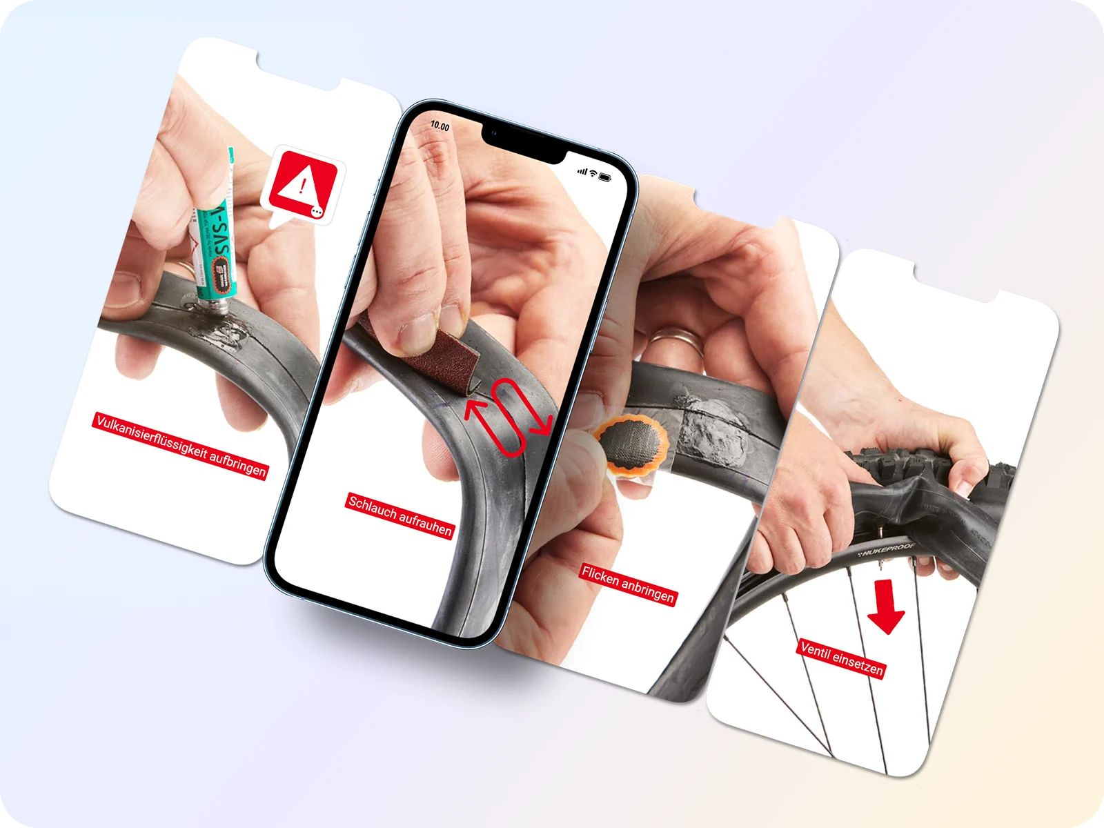 Four mobile views of a Simpi walkthrough showing how to prepare, patch, and reinstall a bicycle inner tube