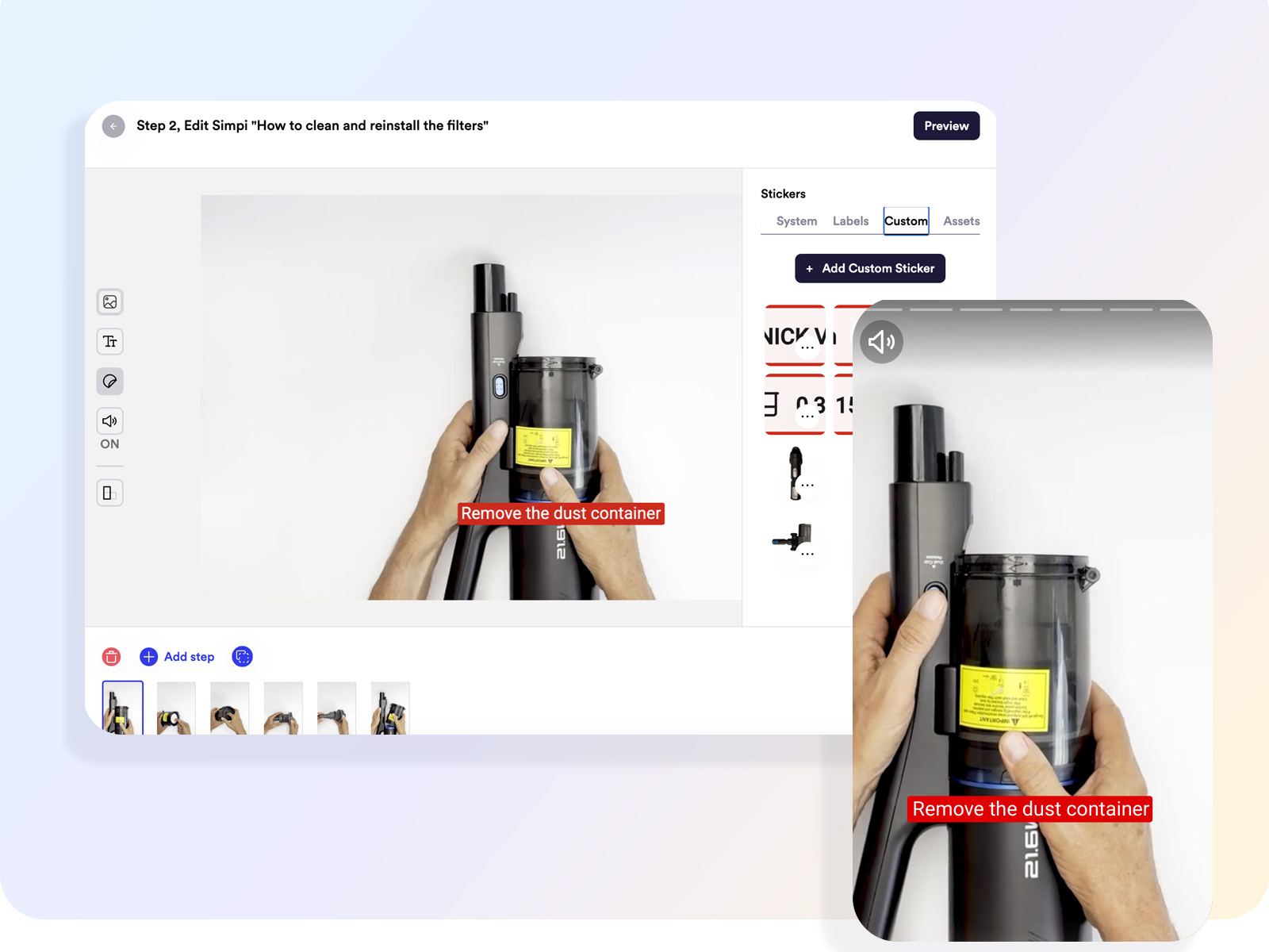 Branded repair guide preview with mobile steps and a product QR code